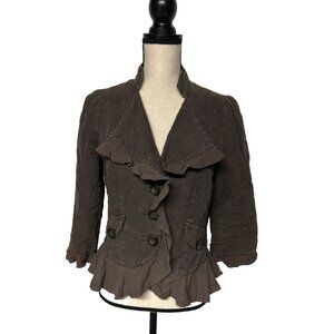 Anthropologie Cidra Women’s Linen Jacket Brown Size 10 Victorian Ruffle Peplum